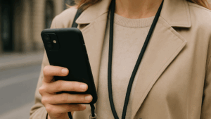 Vrouw draagt een smartphone met zwart telefoonkoord om haar nek terwijl ze het toestel vasthoudt op straat.