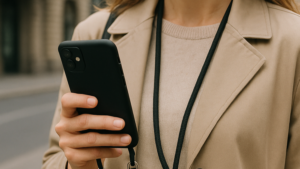Vrouw draagt een smartphone met zwart telefoonkoord om haar nek terwijl ze het toestel vasthoudt op straat.